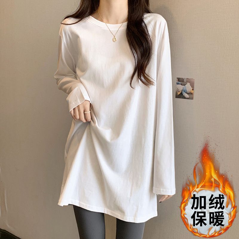 加絨中長款長袖打底衫女秋冬純棉疊穿內搭T恤遮屁股上衣寬鬆百搭
