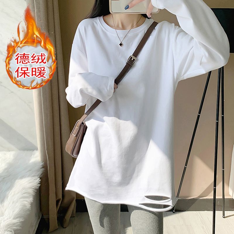 2023新款秋冬加絨加厚打底衫女寬鬆顯瘦長袖T恤女破洞中長款內搭