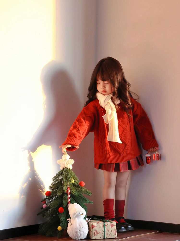 兒童聖誕紅色毛衣格子半裙套裝2023新年款女童秋冬節日氛圍感洋氣