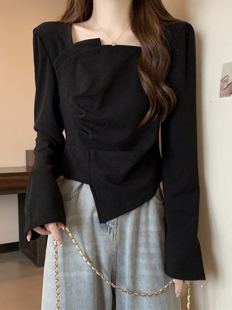 Large size slightly fat French design square collar irregular bottoming shirt autumn and winter fat girl temperament slim slimming top