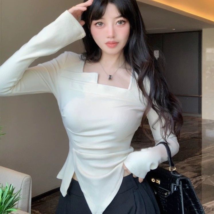 Pure desire hottie Feng De velvet women's autumn and winter 2024 new design niche irregular slim bottoming shirt top