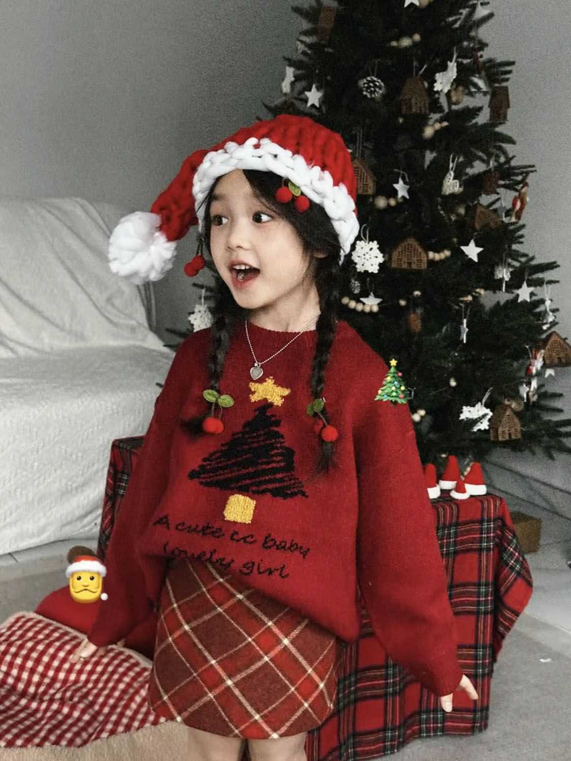 韓版女童2023秋冬新款聖誕新年紅色針織毛衣女寶寶紅格紋半身裙潮