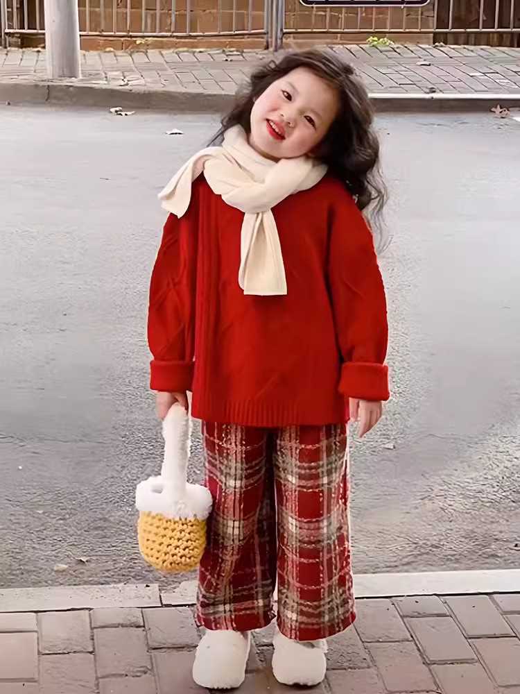 Girls' Woolen Pants Winter 2023 New Children's Plaid Pants Girls' Winter Straight Wide-leg Pants