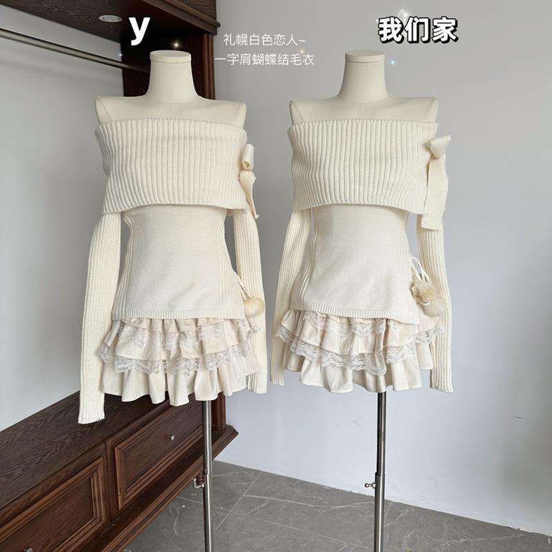 禮幌白色戀人~一字肩蝴蝶結毛衣女純欲修身針織上衣秋冬新款毛衣