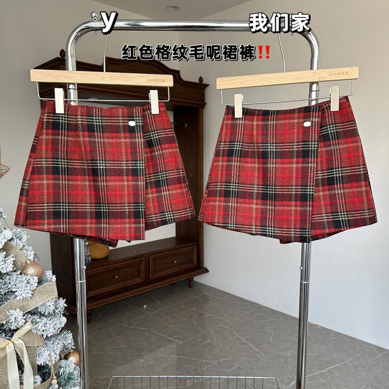 紅色格紋裙半身裙女秋冬美式復古A字短裙子毛呢裙褲