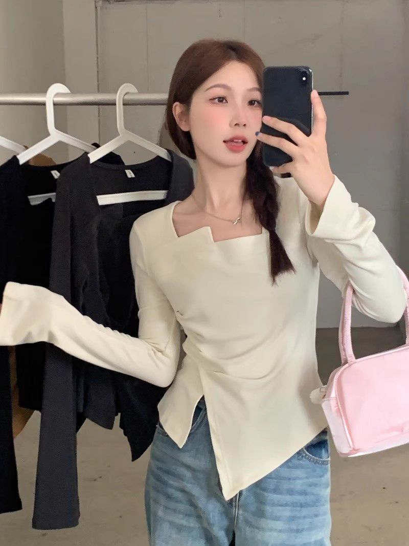 European Irregular Long Sleeve T-shirt Women's Autumn and Winter Right Shoulder T-shirt Covers Flesh and Looks Slimming Unique Slit Square Neck Top
