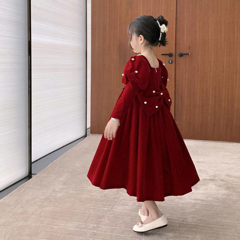 女童连衣裙冬装新款洋气女孩红色秋冬裙子儿童公主裙童装冬季