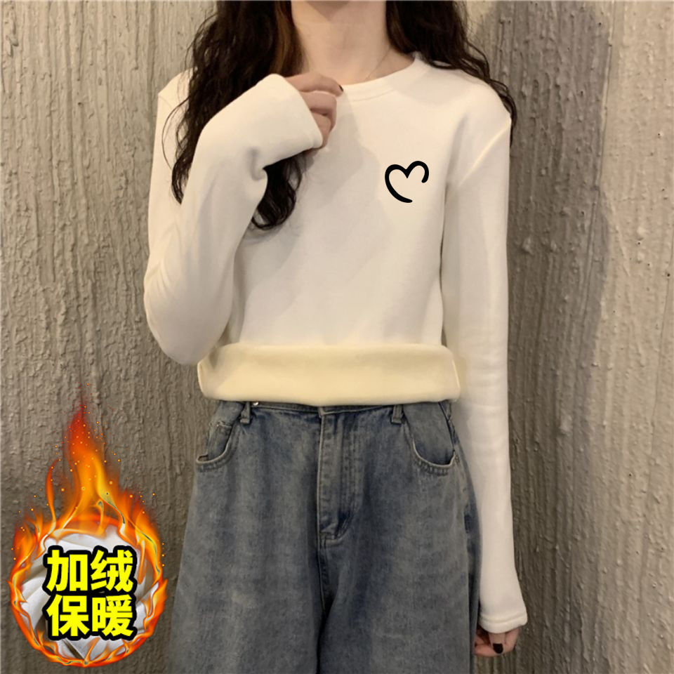 加厚雙面德絨圓領白色印花打底衫女加絨秋冬磨毛內搭寬鬆長袖t恤