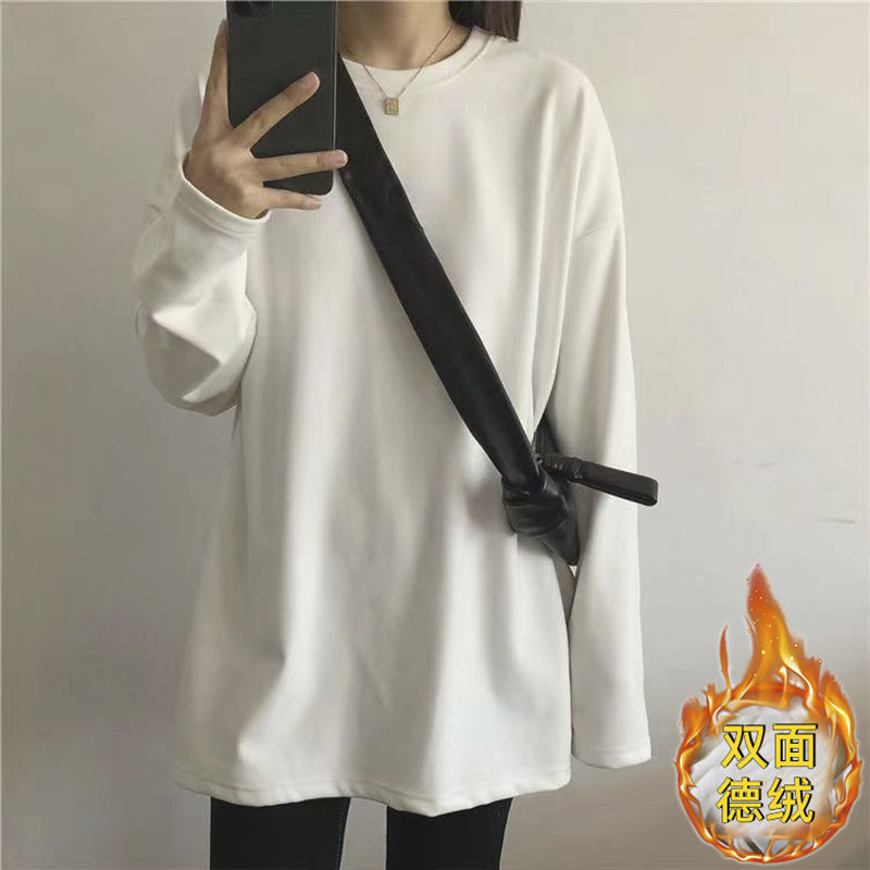 保暖加厚雙面德絨圓領白色打底衫女加絨秋冬磨毛內搭寬鬆中長T恤