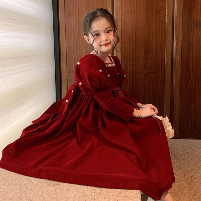 女童连衣裙冬装新款洋气女孩红色秋冬裙子儿童公主裙童装冬季