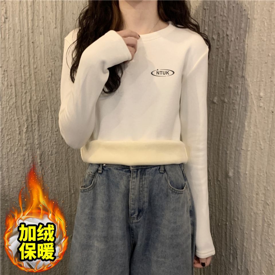 加厚雙面德絨圓領白色印花打底衫女加絨秋冬磨毛內搭寬鬆長袖t恤
