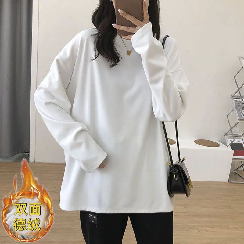 長袖T恤女雙面德絨秋冬禦寒神器加絨打底衫女加厚磨毛t恤女小眾
