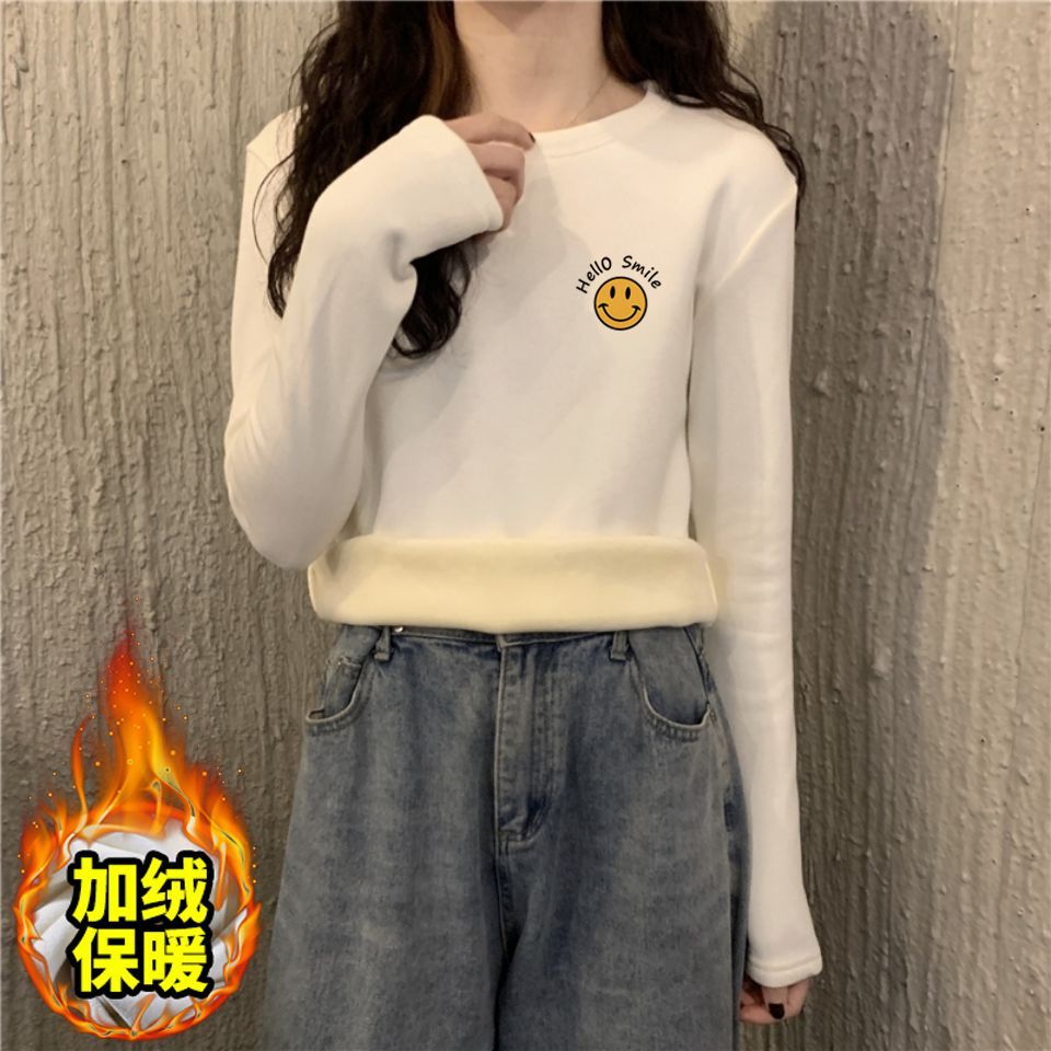 加厚雙面德絨圓領白色印花打底衫女加絨秋冬磨毛內搭寬鬆長袖t恤