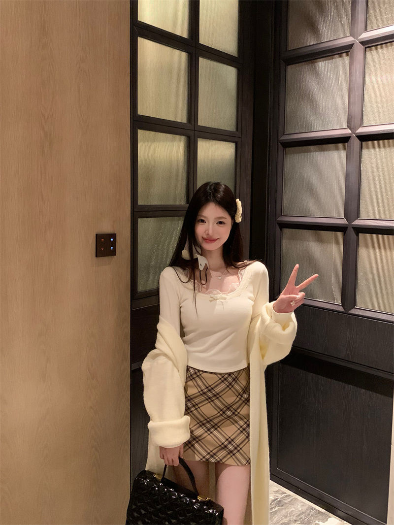 純欲風恤德絨加厚女秋冬長袖小個子蕾絲拼接花邊設計感修身上衣女