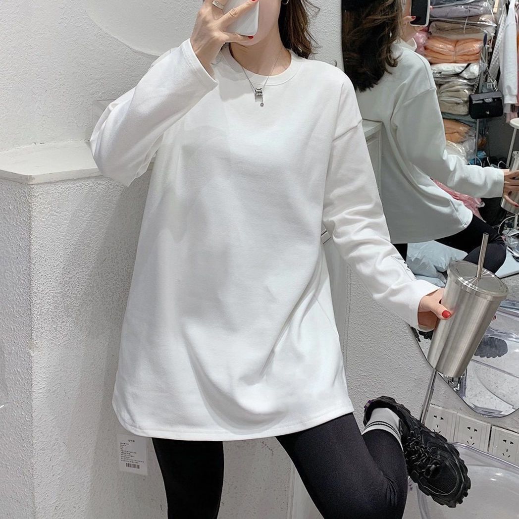 雙面德絨磨毛打底衫女秋冬內百搭白色寬鬆中長款圓領長袖T恤上衣