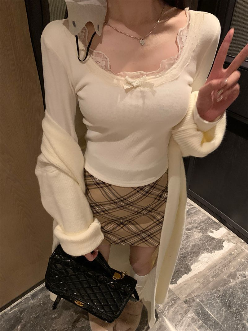 純欲風恤德絨加厚女秋冬長袖小個子蕾絲拼接花邊設計感修身上衣女