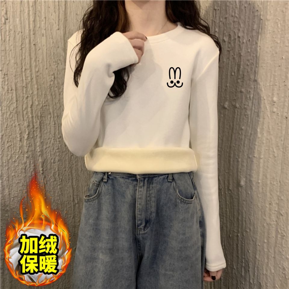 加厚雙面德絨圓領白色印花打底衫女加絨秋冬磨毛內搭寬鬆長袖t恤