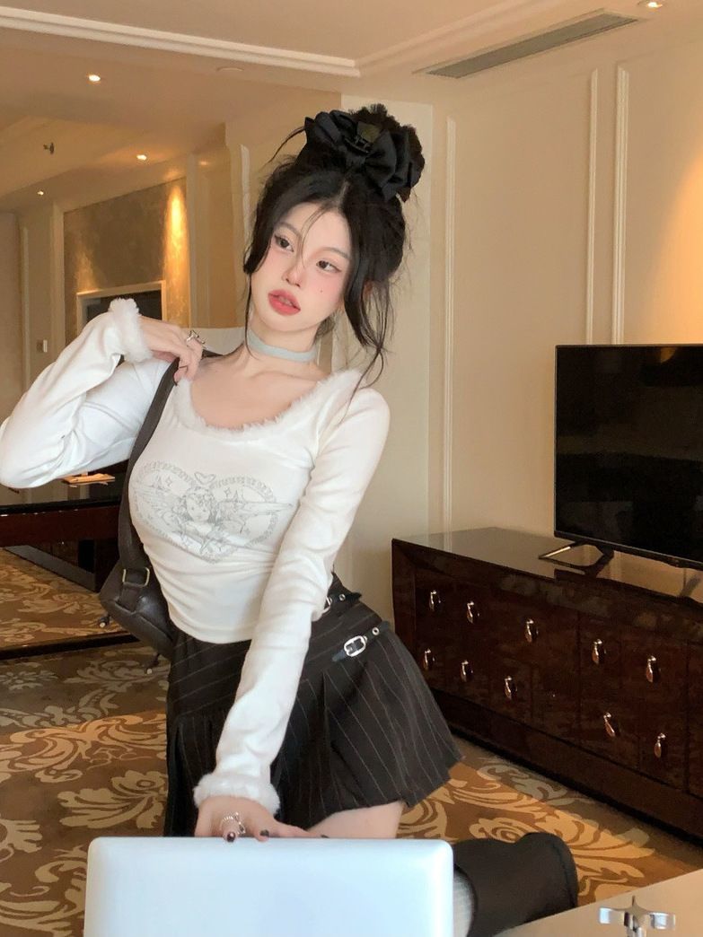 春2024新款白色打底衫女毛領套頭甜美風修身德絨短款內搭上衣女