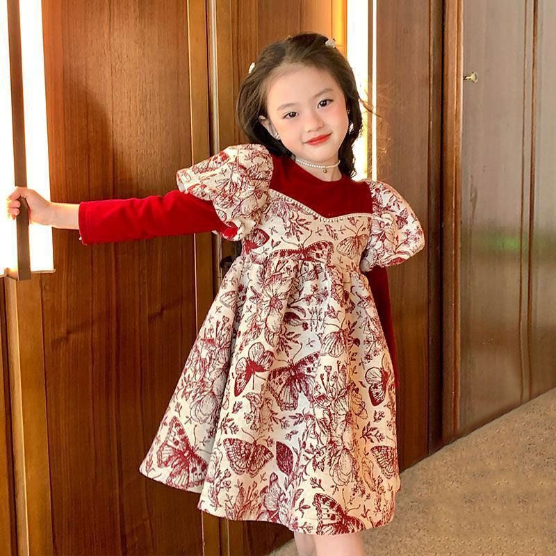 Girls Festive Dress  Winter New Style Children's Princess Dress Girls Red New Year Clothes Autumn and Winter Style