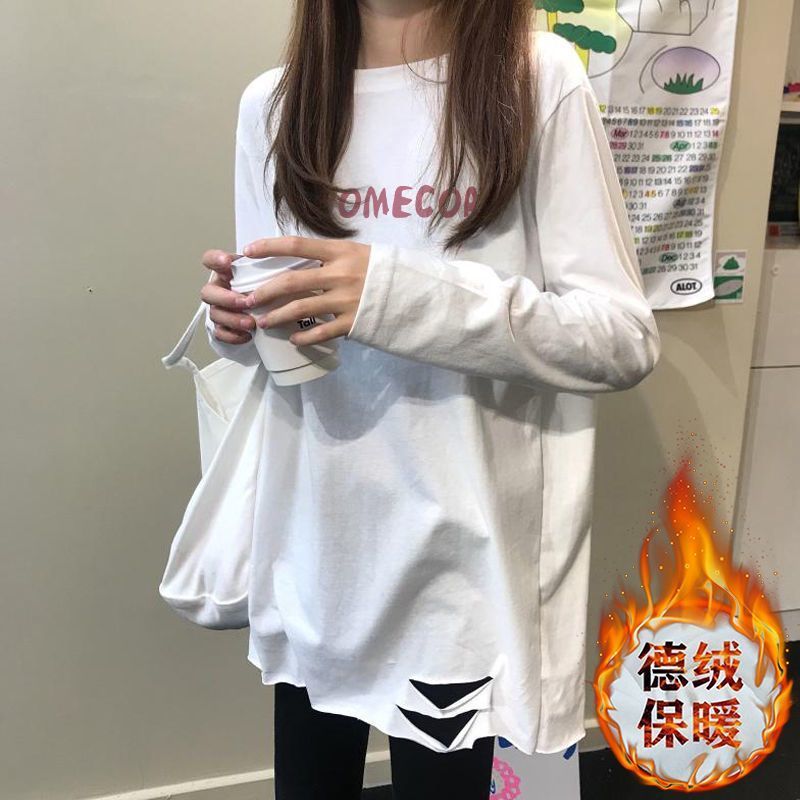 雙面德絨白色破洞t恤女中長款寬鬆加絨秋冬長袖上衣磨毛內搭打底