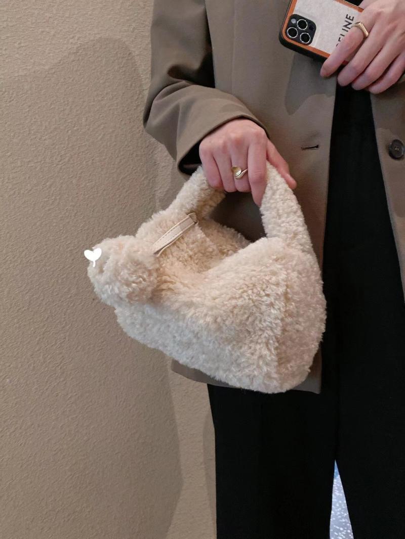 羊羔毛时髦手提包包女2024秋冬新款纯色休闲百搭毛毛包小众斜挎包