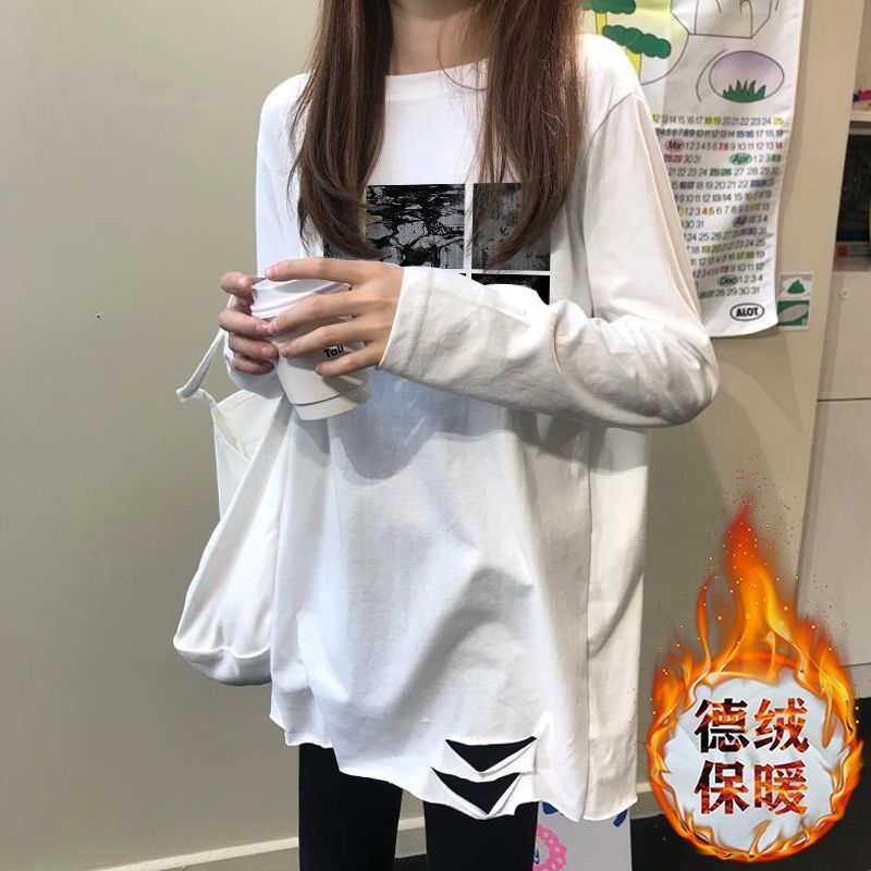 雙面德絨白色破洞t恤女中長款寬鬆加絨秋冬長袖上衣磨毛內搭打底