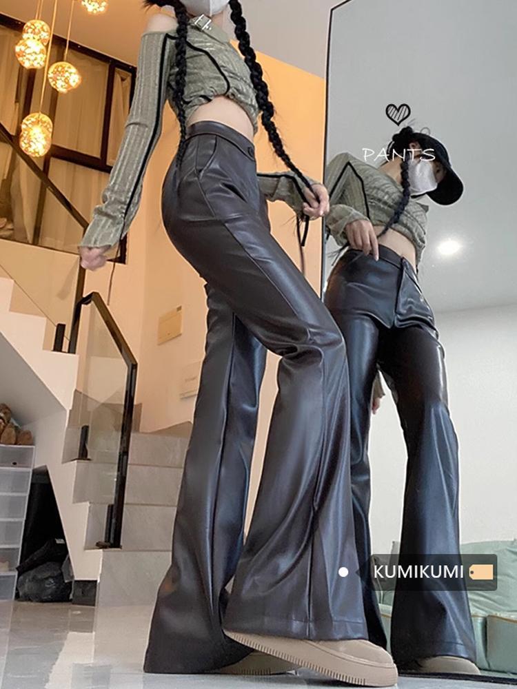 美式復古高腰PU皮褲女冬季修身微喇叭褲拖地褲休閒褲子潮