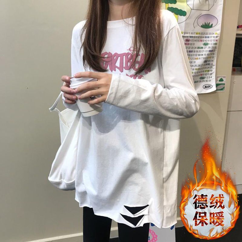 雙面德絨白色破洞t恤女中長款寬鬆加絨秋冬長袖上衣磨毛內搭打底