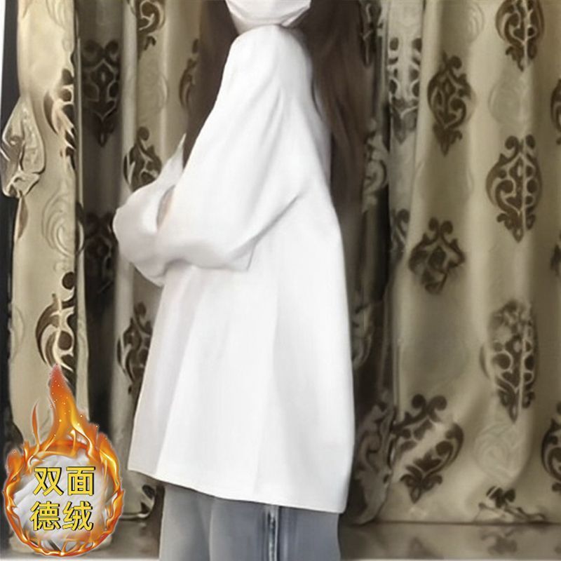 保暖加厚雙面德絨圓領白色打底衫女加絨秋冬磨毛內搭寬鬆中長T恤