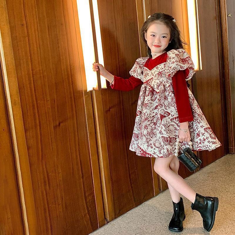 Girls Festive Dress  Winter New Style Children's Princess Dress Girls Red New Year Clothes Autumn and Winter Style