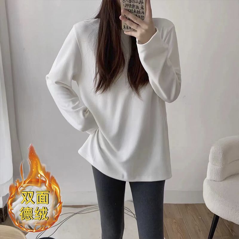 德絨加厚圓領打底衫女內搭保暖秋冬長袖t恤顯瘦純色上衣氣質韓版