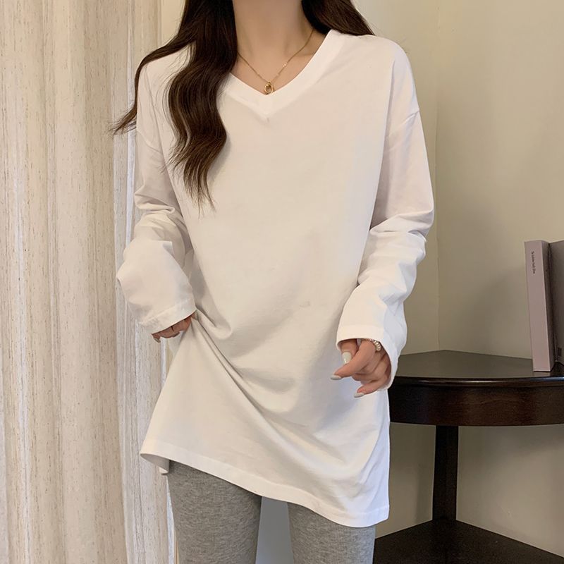 長袖t恤女100%純棉春秋新款寬鬆顯瘦秋裝設計感上衣韓版打底衫V領