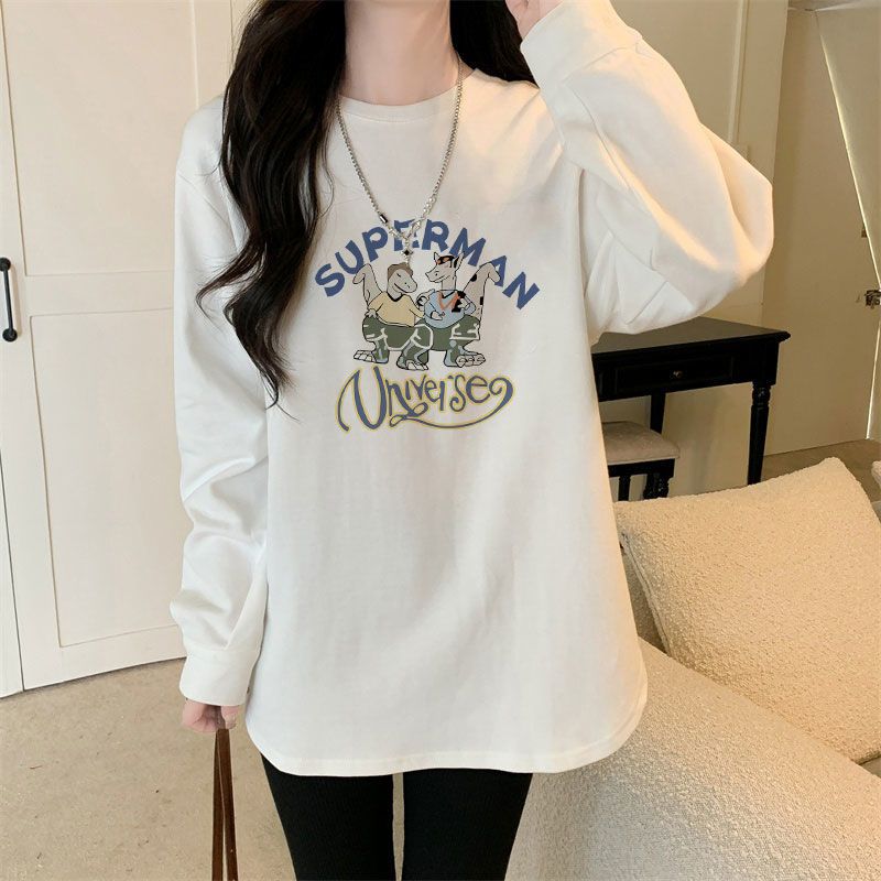 White T-shirt for women in autumn and winter, thickened with velvet, large size, loose inner for fat mm, Korean style design, warm long-sleeved T-shirt