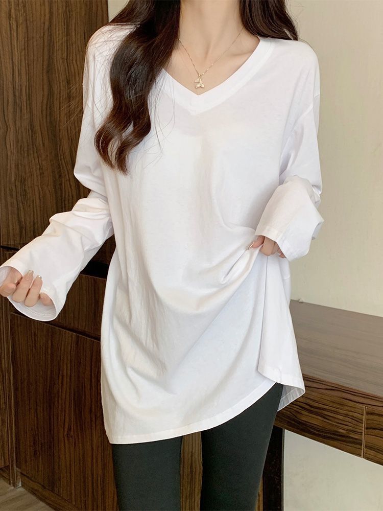 長袖t恤女100%純棉春秋新款寬鬆顯瘦秋裝設計感上衣韓版打底衫V領