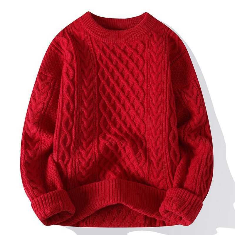 本命年红色毛衣秋冬季男慵懒高级感粗麻花针织衫外套圣诞情侣线衣