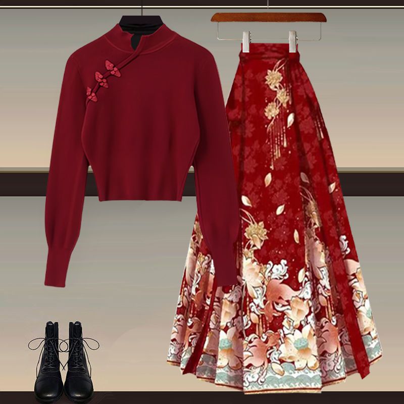 新中式穿搭一整套2023冬季新款新年戰袍紅色毛衣漢服馬面裙兩件套