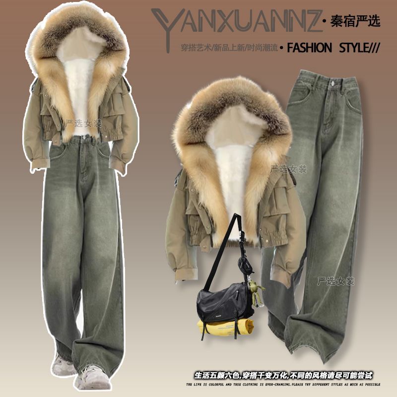 冬季套裝女2023新款大碼設計感毛領連帽棉服外套顯瘦牛仔褲兩件套