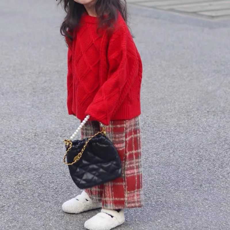 女童圣诞新年红色毛衣加厚2023冬装儿童保暖针织衫女孩圆领毛线衣