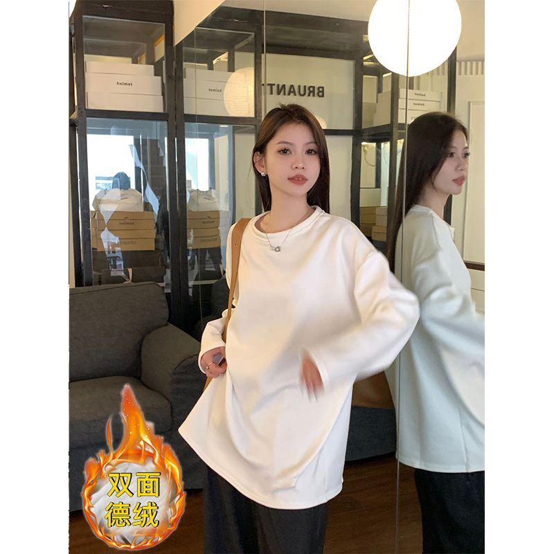 法式德絨t恤白色打底衫女冬季加絨加厚寬鬆慵懶風內搭長袖上衣服