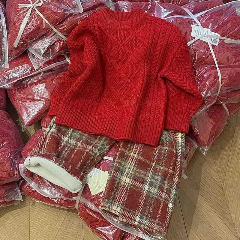 女童红色喜庆新年款毛衣2023秋冬新款儿童韩系宽松百搭加厚针织衫