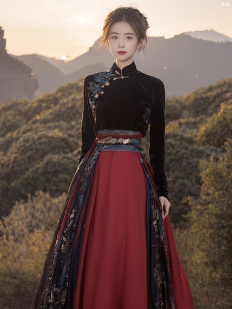 新中式女裝紅色馬面裙套裝秋冬2023新款中國風改良漢服上衣兩件套