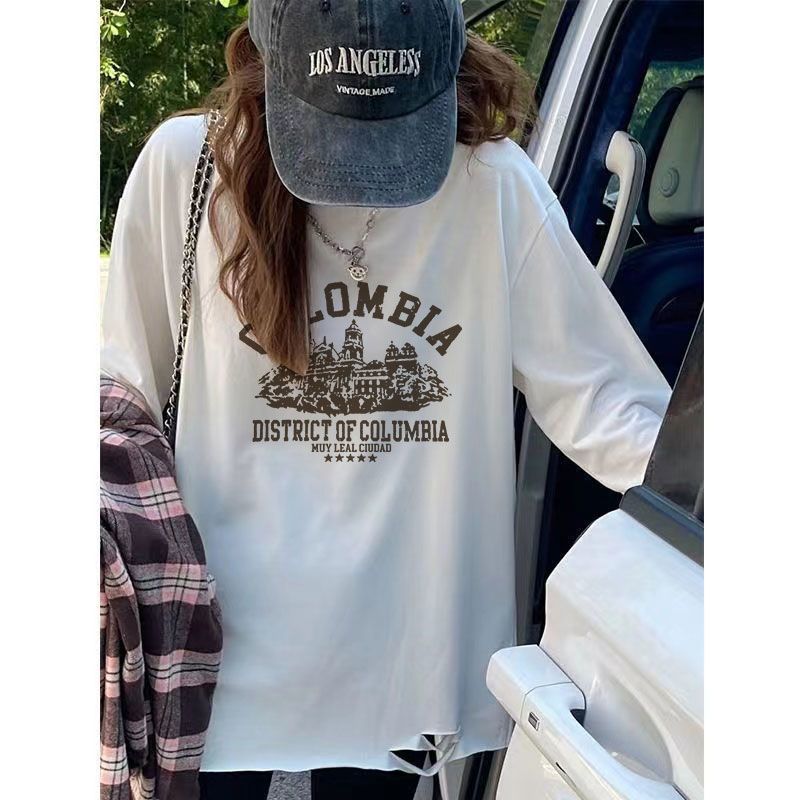 100%純棉韓版破洞長袖T恤女純棉內搭春秋季打底衫秋冬常規款上衣