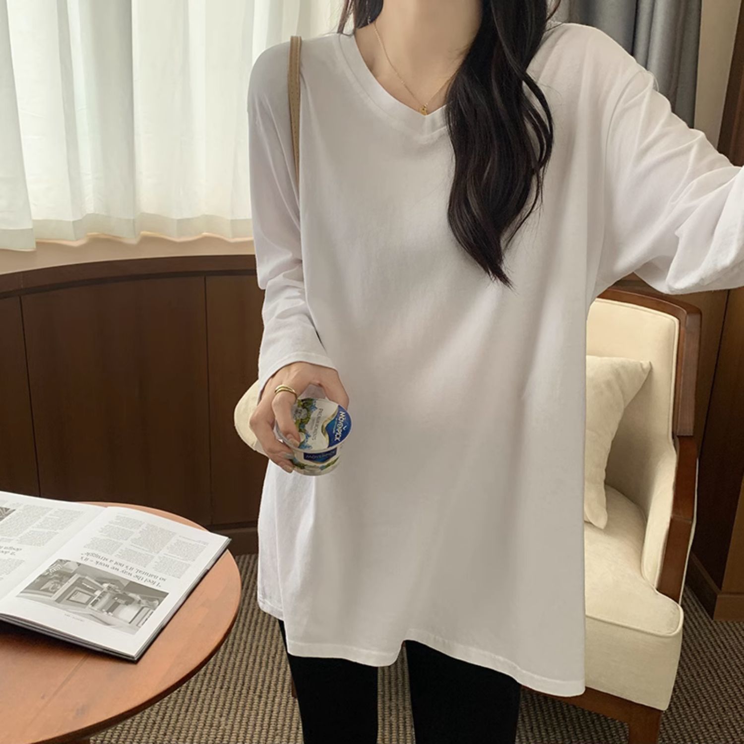 純棉V領打底衫純色長袖t恤女秋冬季新款寬鬆百搭內搭白色上衣潮