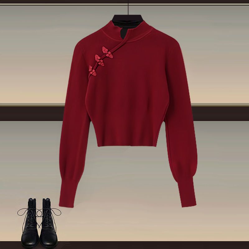 新中式穿搭一整套2023冬季新款新年战袍红色毛衣汉服马面裙两件套