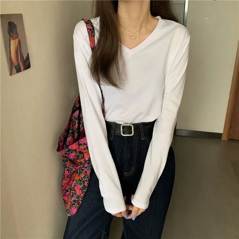 純棉V領長袖T恤女黑色春秋季新款內搭寬鬆設計感百搭打底衫上潮