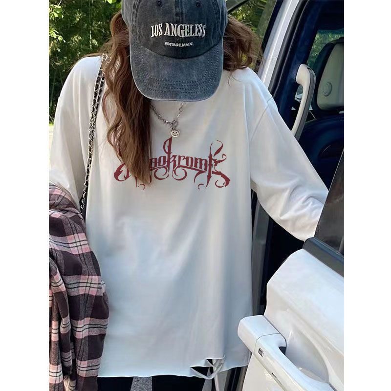 100%純棉常規款打底小衫白色t恤內搭寬鬆洋氣破洞長袖上衣女秋季
