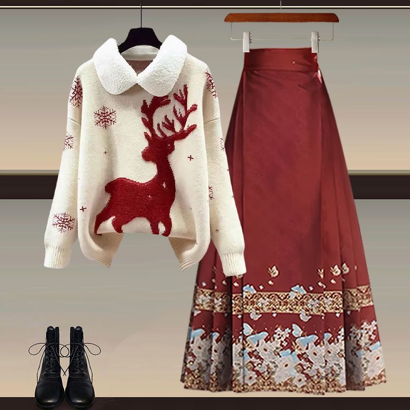 新中式穿搭一整套冬季新款新年战袍红色毛衣汉服马面裙两件套
