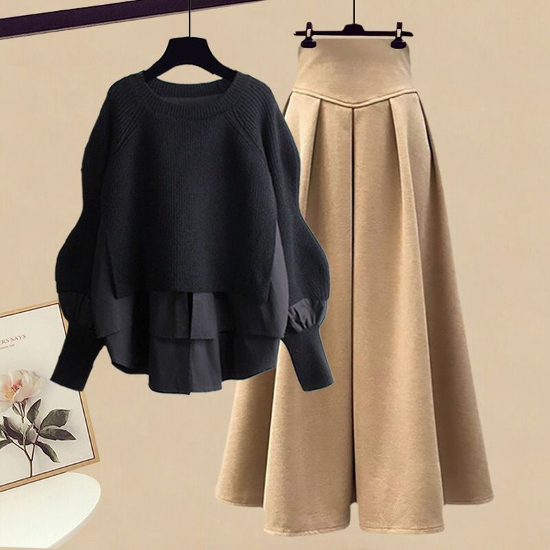 Plus Size Women's Autumn Suit Women's  New Fashion Fake Two-piece Top Temperament Slim Skirt Two-piece Set