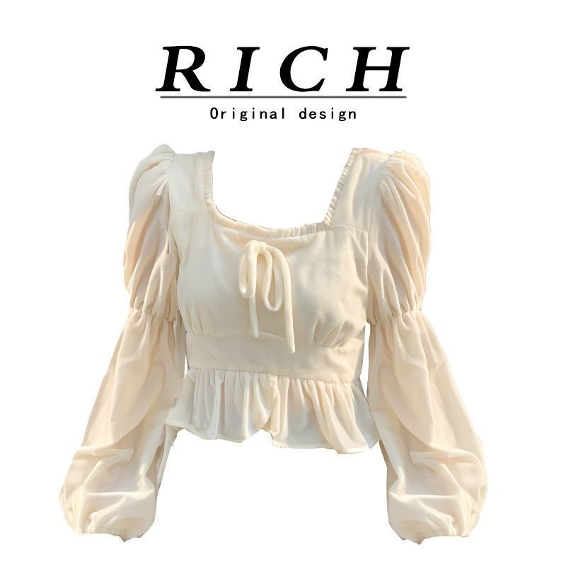 French niche shirt for women 2023 spring new age-reducing and stylish outfit with one-line collar and slim long-sleeved top