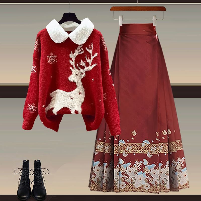 新中式穿搭一整套冬季新款新年战袍红色毛衣汉服马面裙两件套